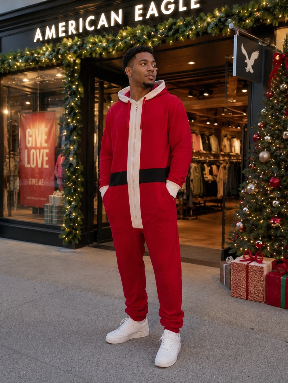 American Eagle Outfitters Red Santa Hooded Zip-Up One-Piece with white Trim